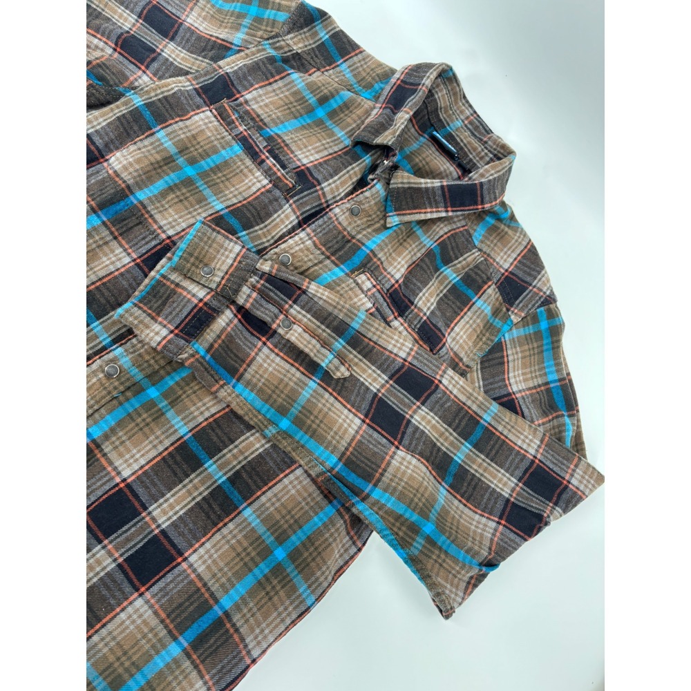 Kavu Mens Plaid Snap Front Flannel Shirt Brown Turquoise Cotton Large